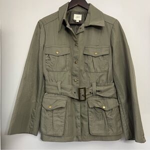 J. Jill Utility Jacket Trench Coat Olive Green Size Medium Military Belt Nylon